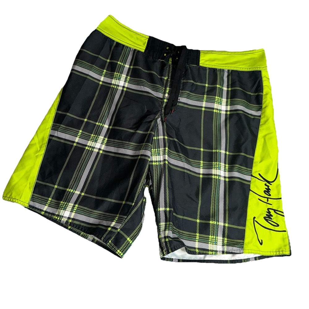 Tony Hawk Board Shorts Mens Sz 34 Neon Green Black Plaid Swim Trunks Skate 21"
